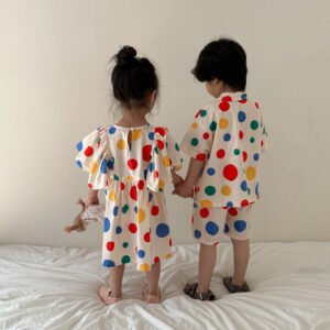 cute children's party pajamas with colorful polka dot pattern