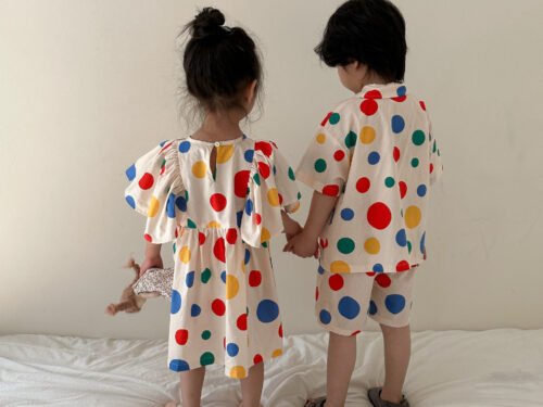 cute children's party pajamas with colorful polka dot pattern