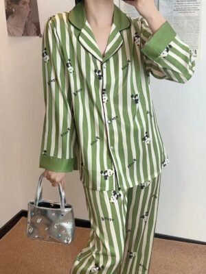 ladies party pajamas cute green striped panda patten