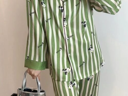 ladies party pajamas cute green striped panda patten