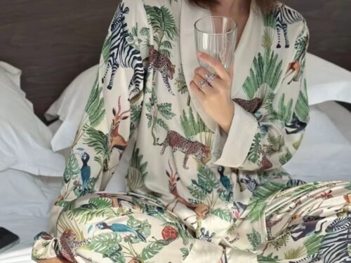 Elegant Cool Pajamas Women Long Sleeve Cardigan Animal Pattern Homewear