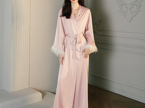 Pink Ice Silk Party Pajamas Feathered Nightgown