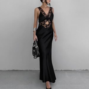 Slim French Sexy Lace Party Nightgown Black